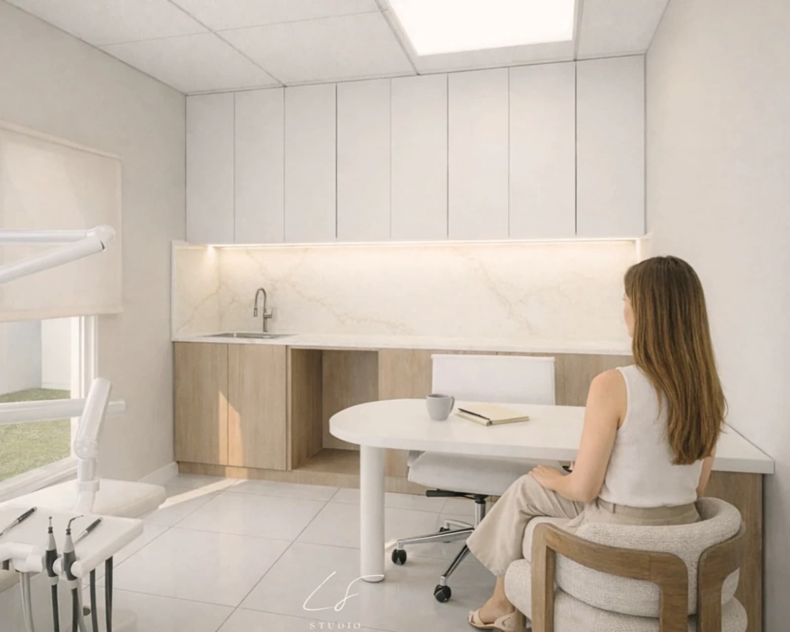 Render del consultorio de Bienesther con sillón odontológico, mesada clínica y atención personalizada.