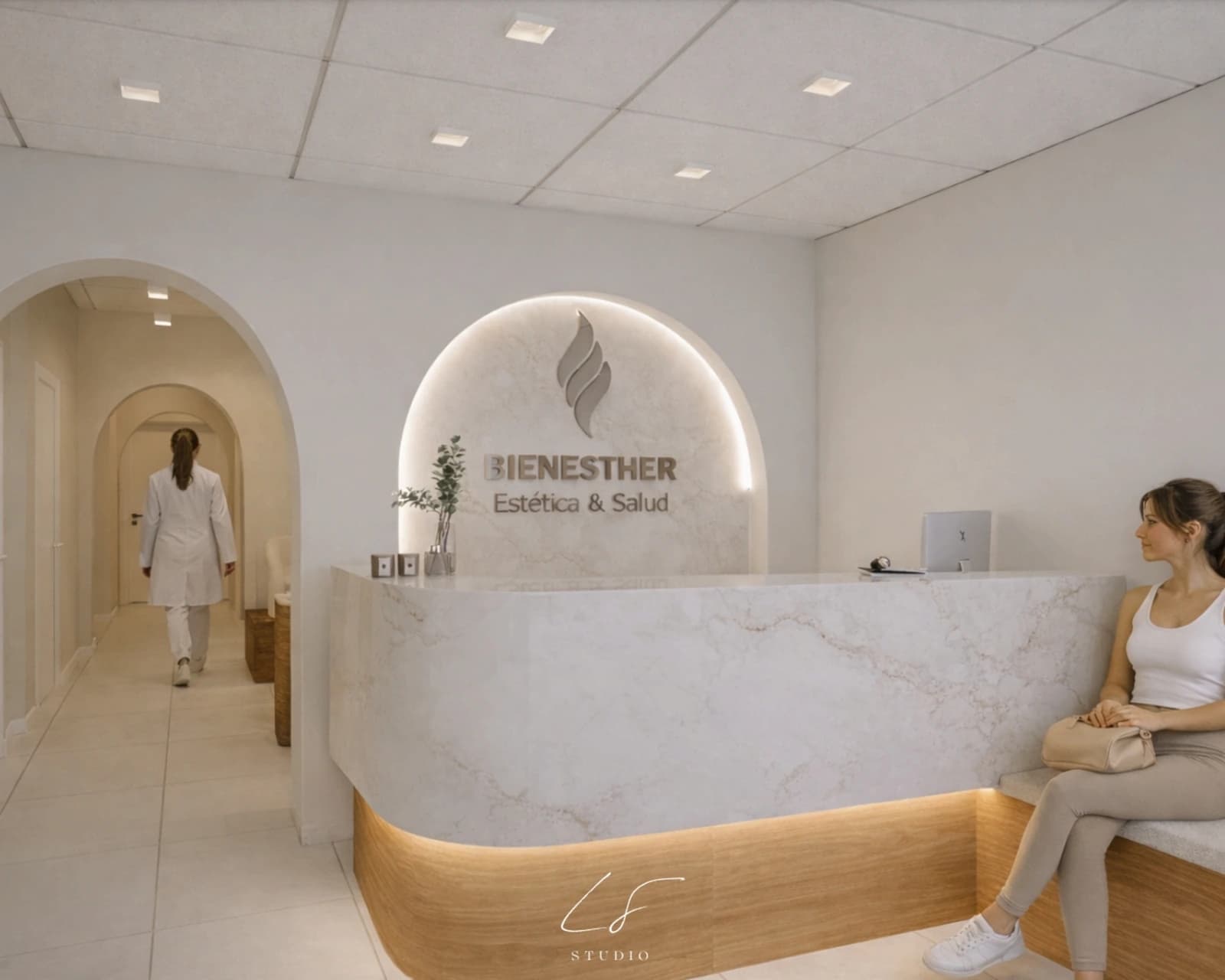 Render de la recepción de Bienesther con sillones individuales, espejo y área de espera.
